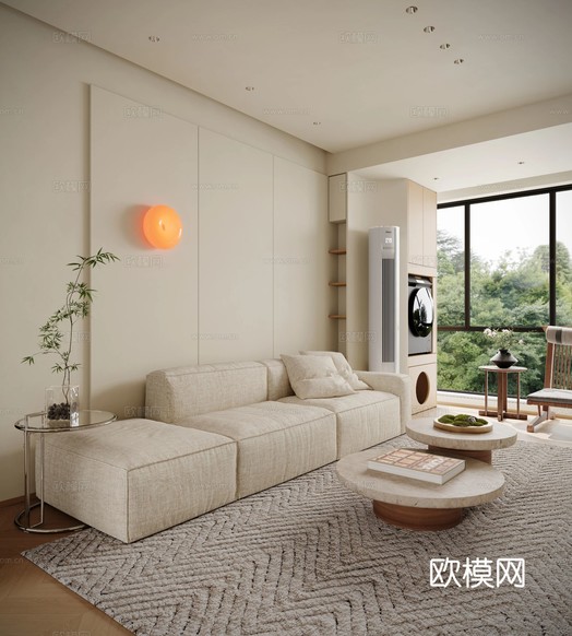 现代奶油原木风大平层效果图下载(渲染图15)