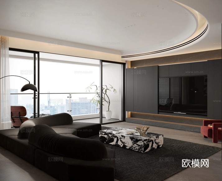 现代意式黑白灰大平层效果图下载(渲染图11)