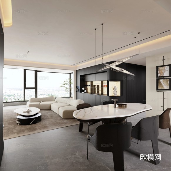 现代简约意式大平层效果图下载(渲染图5)