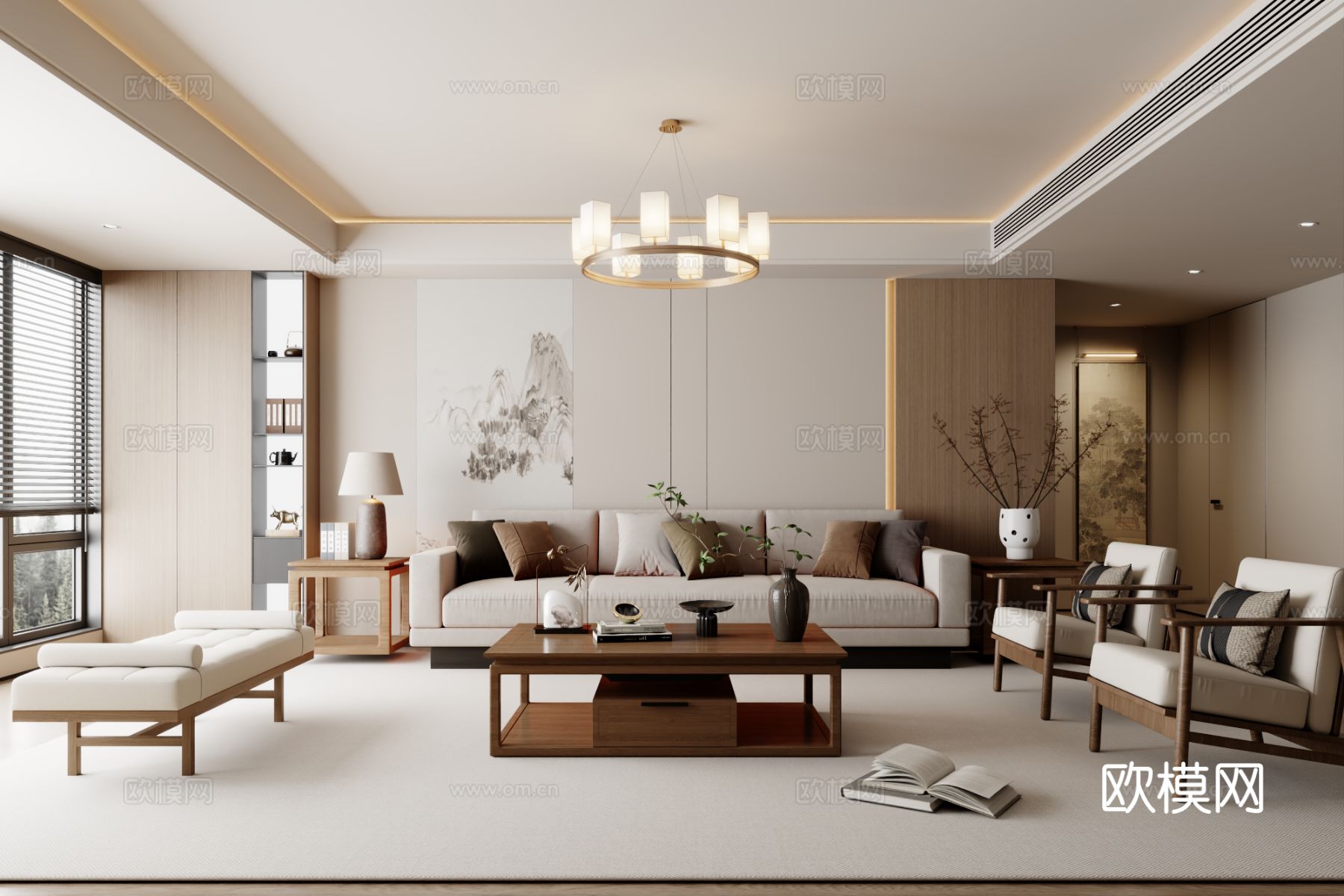 新中式沙发组合 茶几 地毯3d模型