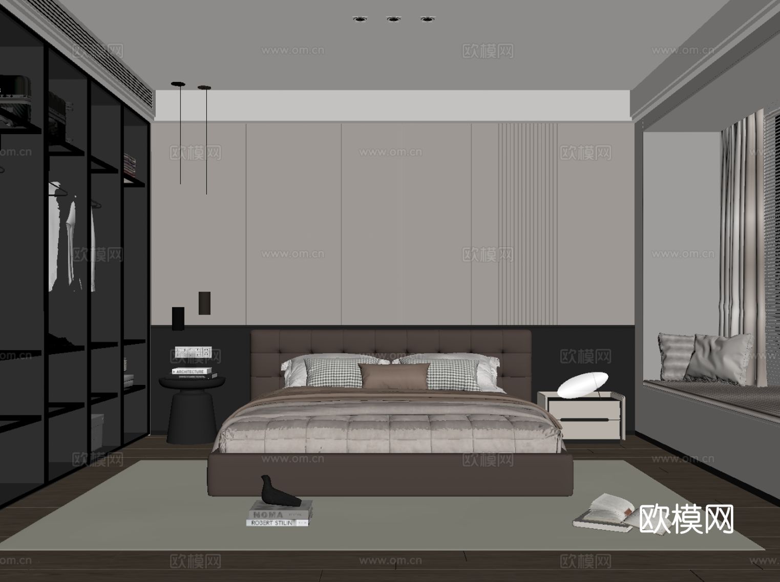 现代意式卧室 双人床 衣柜su模型