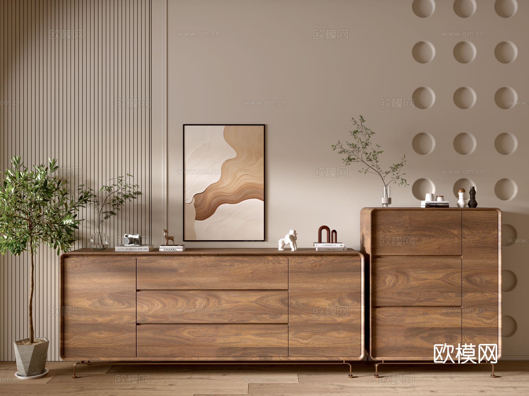 现代木纹柜 极简风柜子 整体柜 餐边柜 阳台柜 储物柜su模型下载（渲染图1）