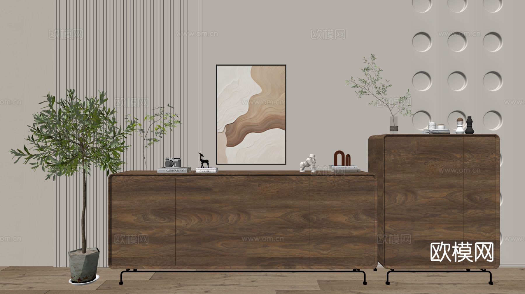 现代木纹柜 极简风柜子 整体柜 餐边柜 阳台柜 储物柜su模型下载（渲染图2）