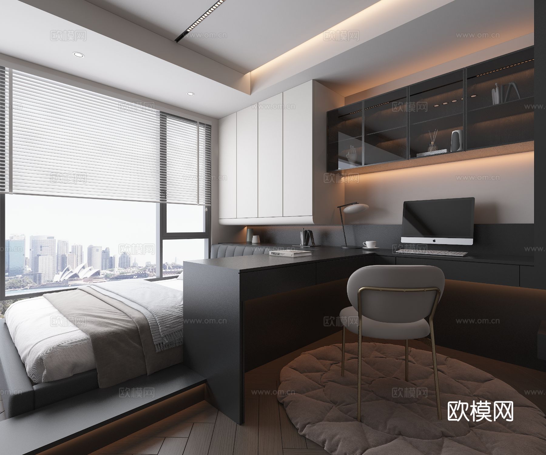 现代意式高级灰榻榻米卧室 书桌椅 地毯 电脑摆件 百叶帘3d模型