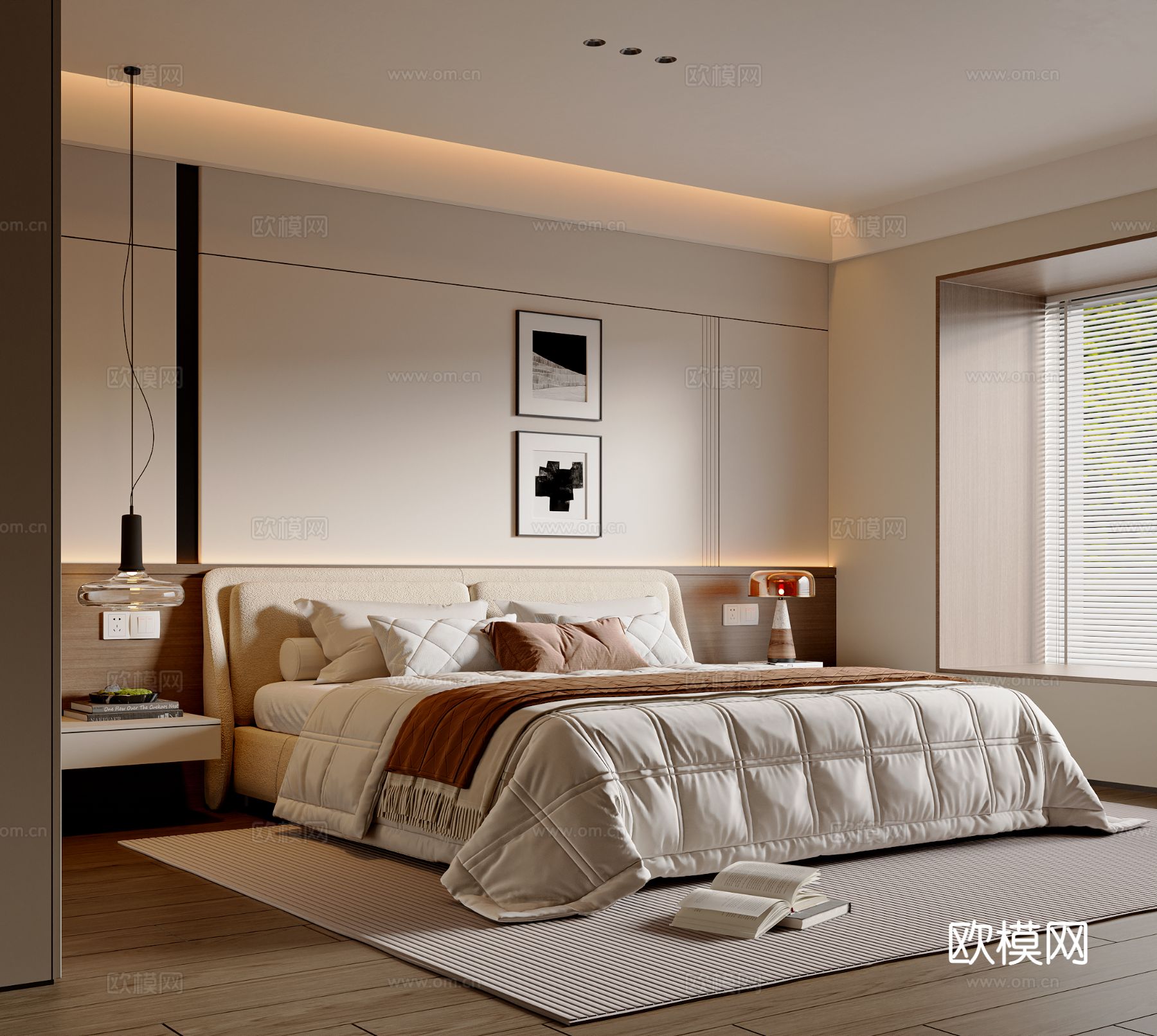 现代简约卧室 主卧双人床 衣柜 台灯 吊灯 挂画3d模型