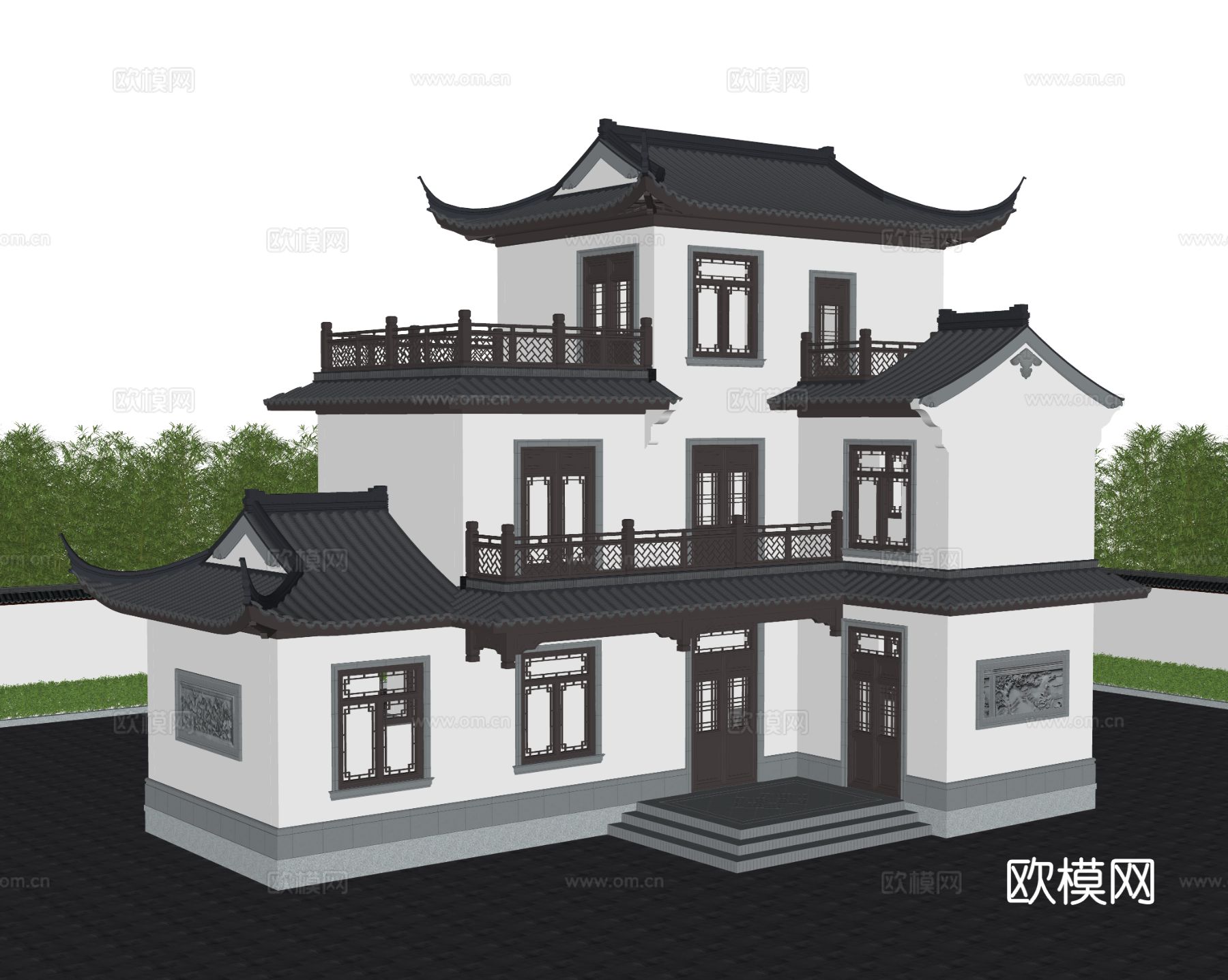 中式别墅外观 苏式合院 古建su模型