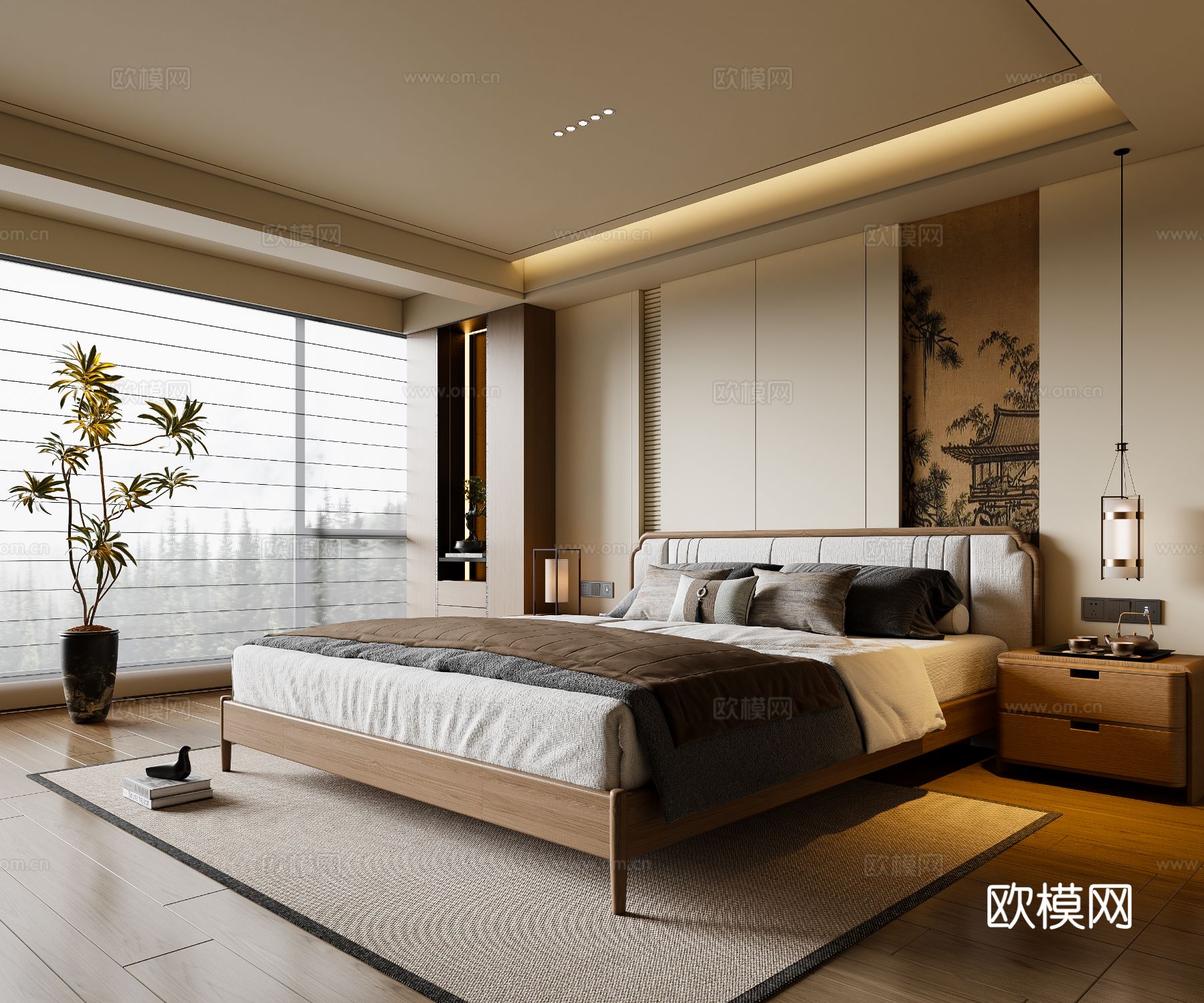 新中式宋式风卧室 实木双人床 床头柜 吊灯 地毯su模型su模型