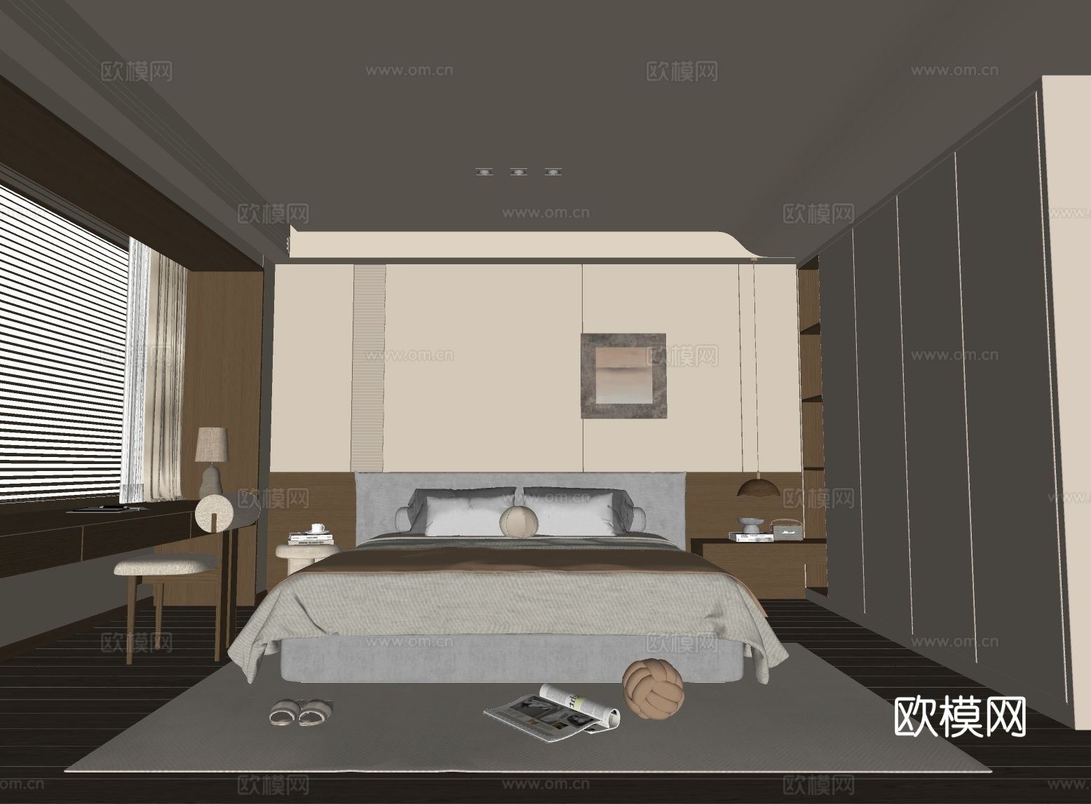 中古风卧室 布艺双人床 书桌椅 衣柜 吊灯 挂画 主卧su模型
