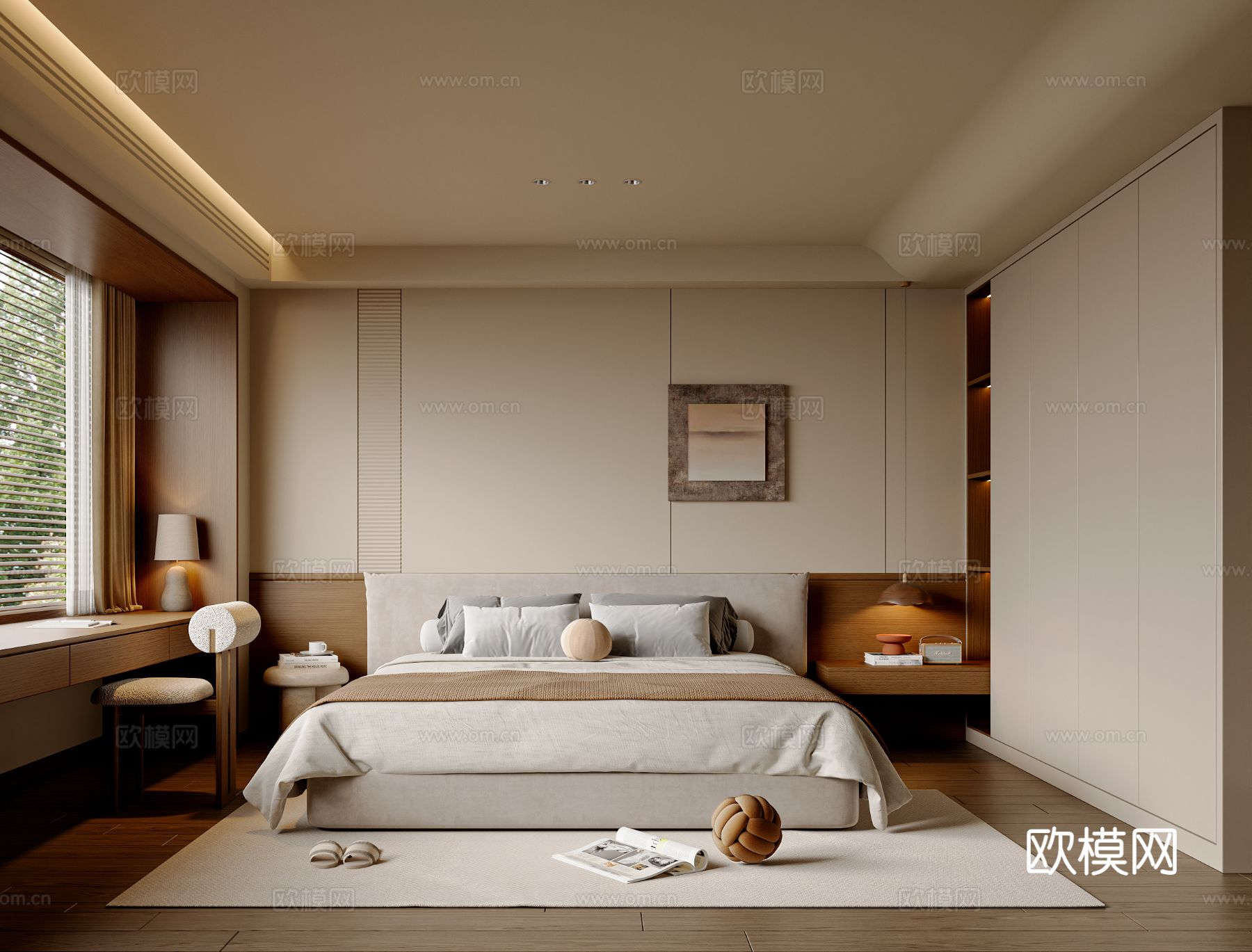 中古风卧室 布艺双人床 书桌椅 衣柜 吊灯 挂画 主卧3d模型