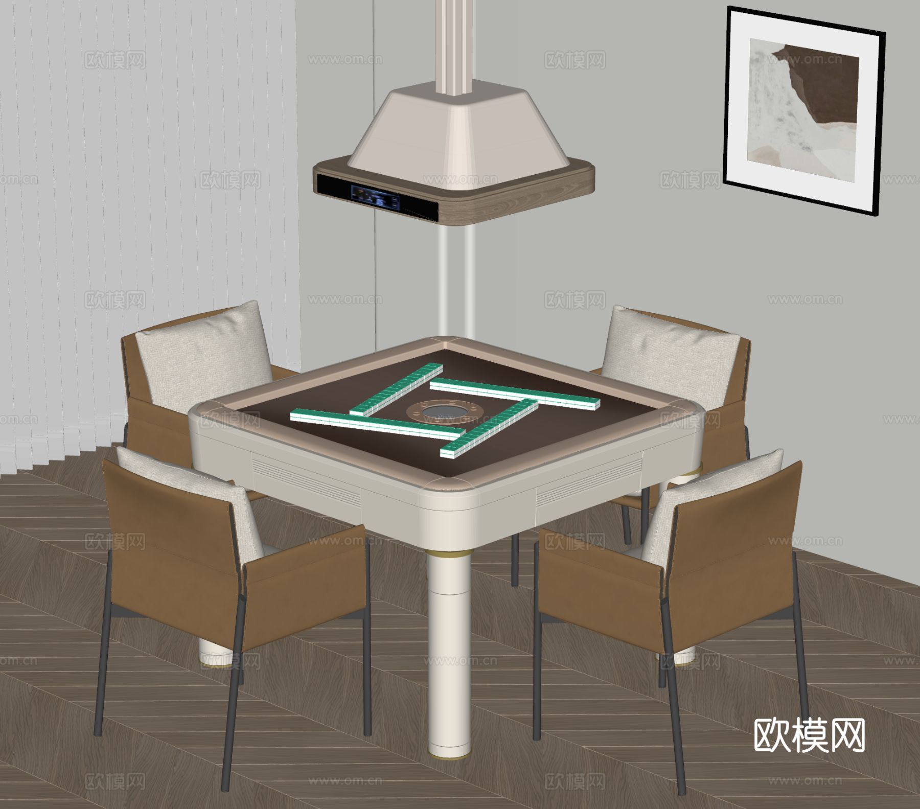 现代麻将桌 麻将桌椅 棋牌桌椅 棋牌室 休闲桌椅 吸烟灯su模型