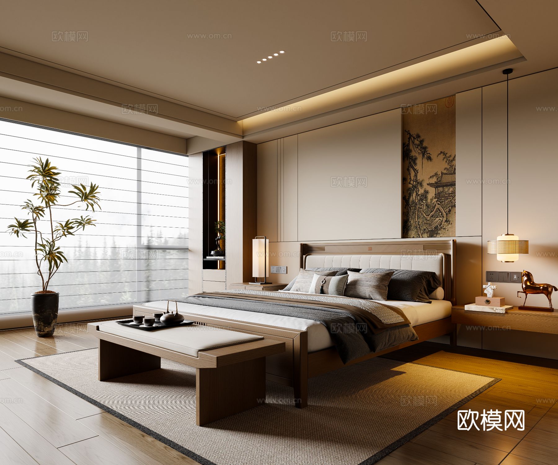 新中式宋式风卧室 实木双人床 床头柜 吊灯 脚踏 地毯3d模型