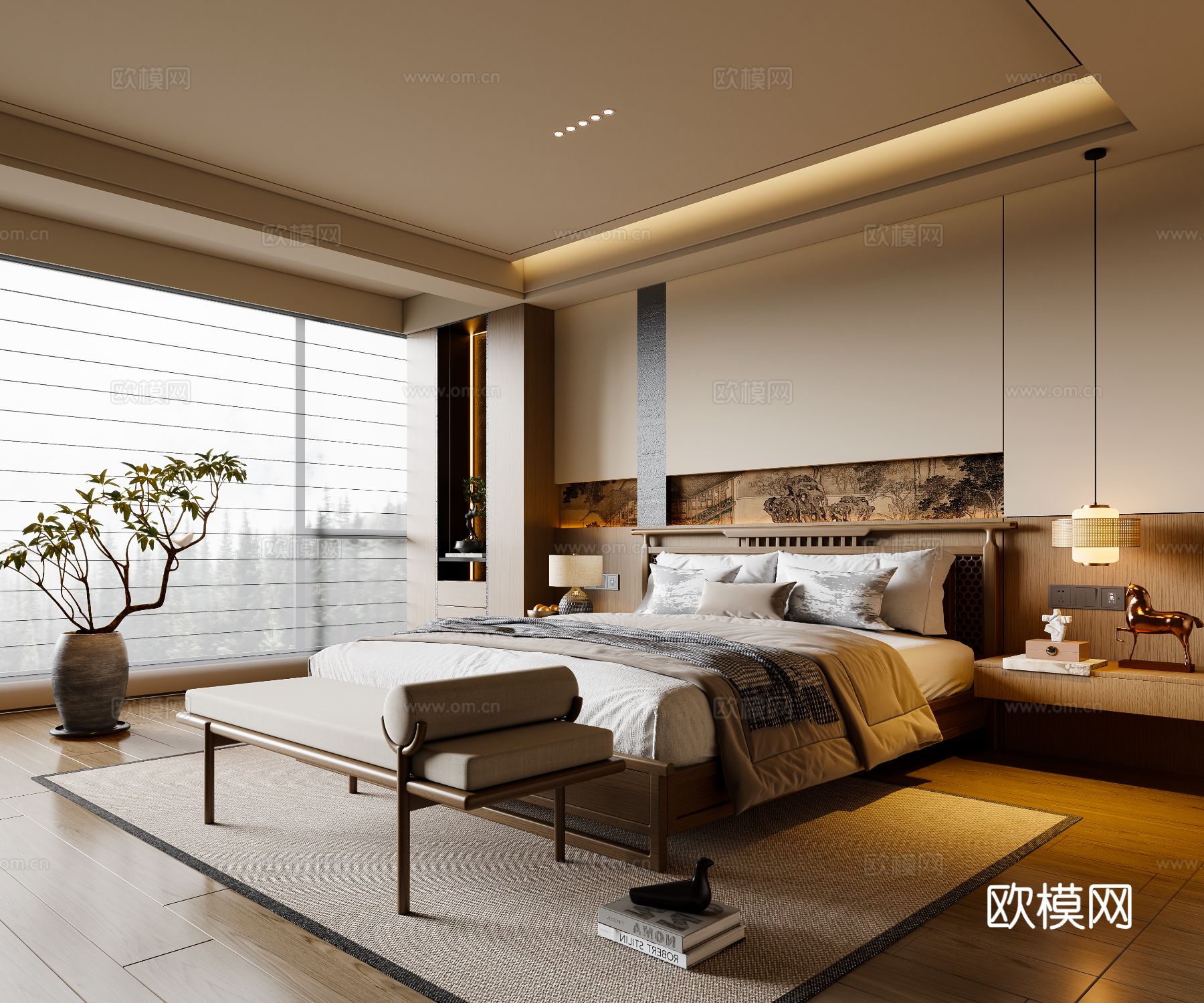 新中式宋式风卧室 实木双人床 床头柜 吊灯 脚踏 地毯3d模型