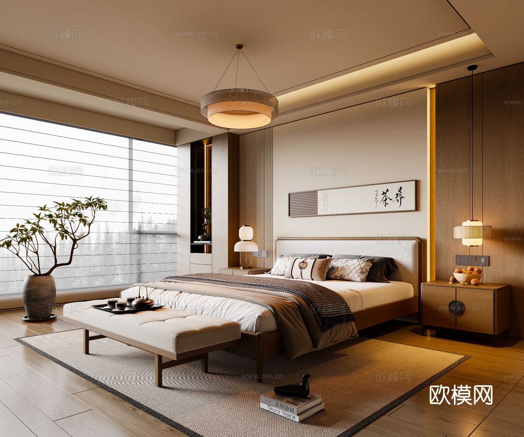 新中式宋式风卧室 实木双人床 床头柜 吊灯 挂画 脚踏 地毯su模型