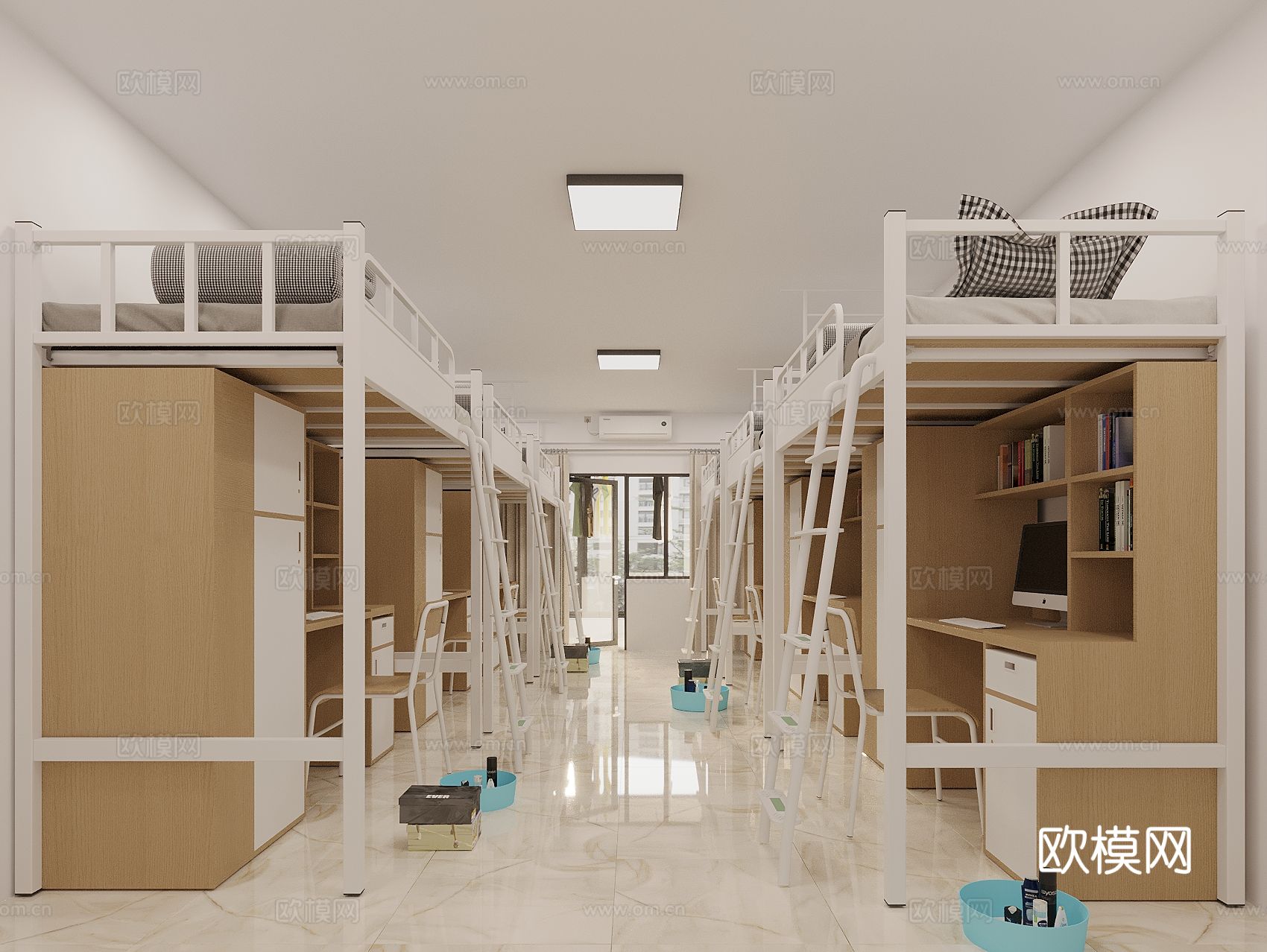现代原木风宿舍 上下床 上铺下桌 员工宿舍 学生宿舍3d模型