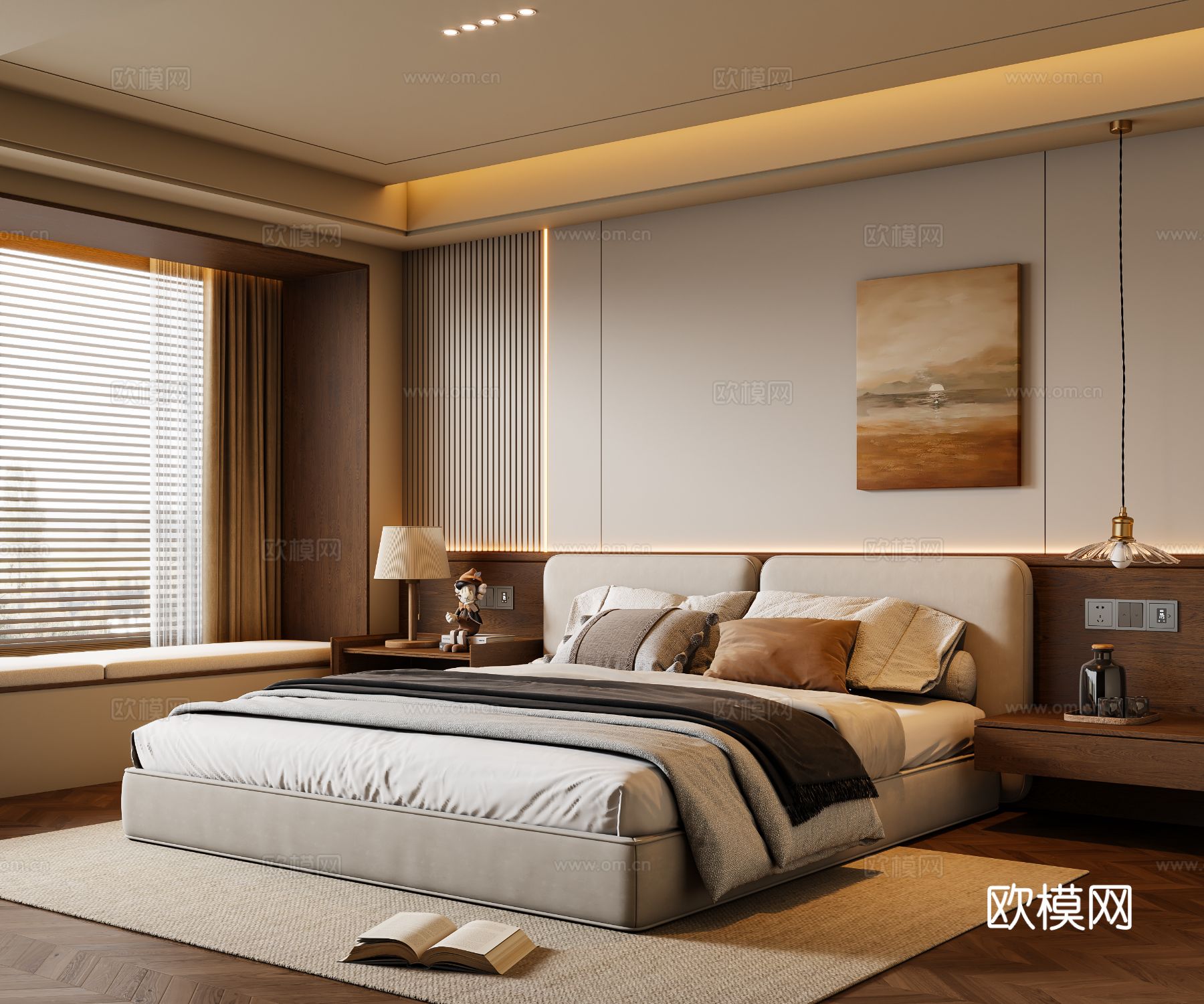 中古风卧室 布艺双人床 床头柜 吊灯 挂画 地毯3d模型
