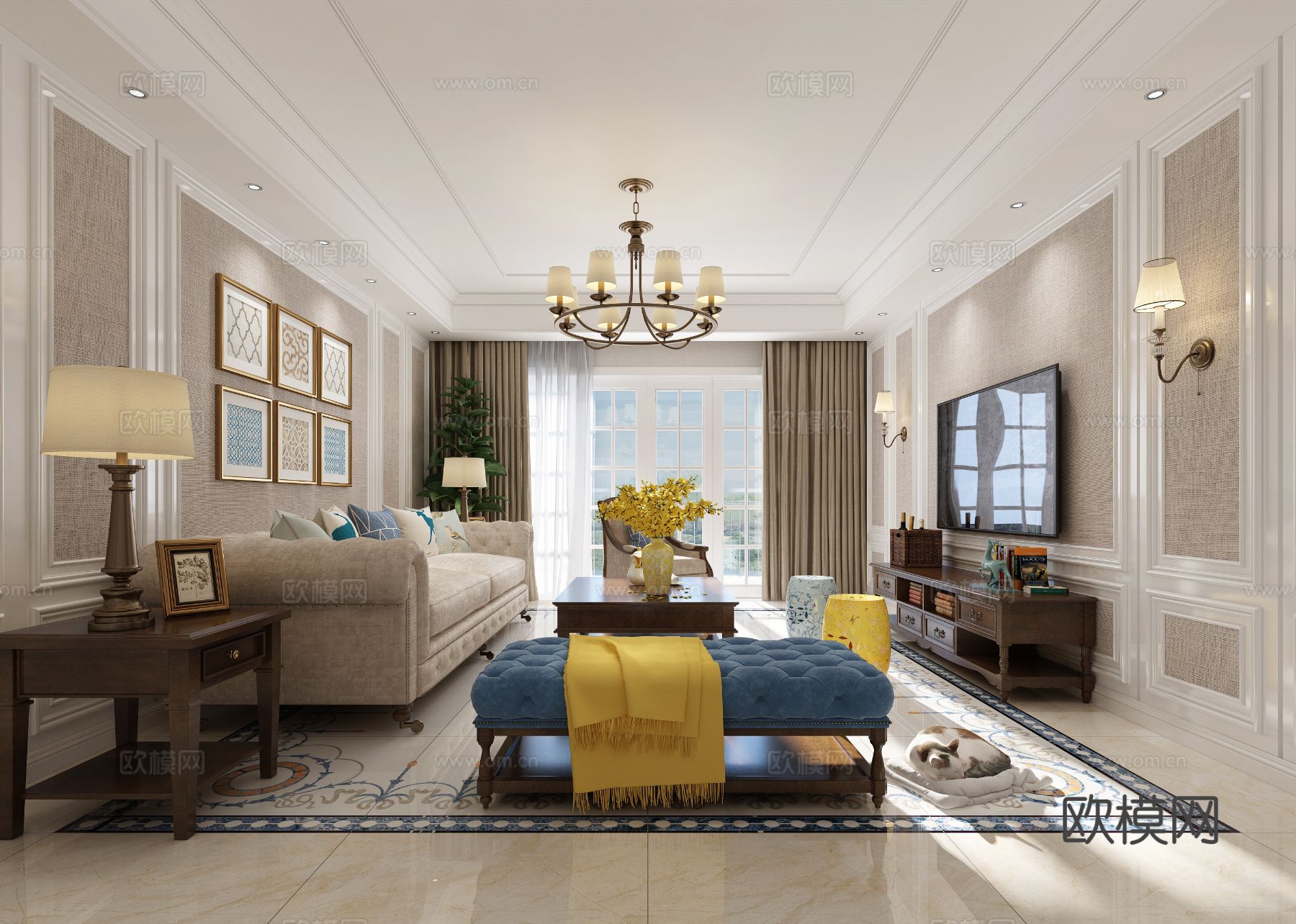 美式客厅 沙发 装饰画 电视柜  吊灯 茶几 地毯3d模型