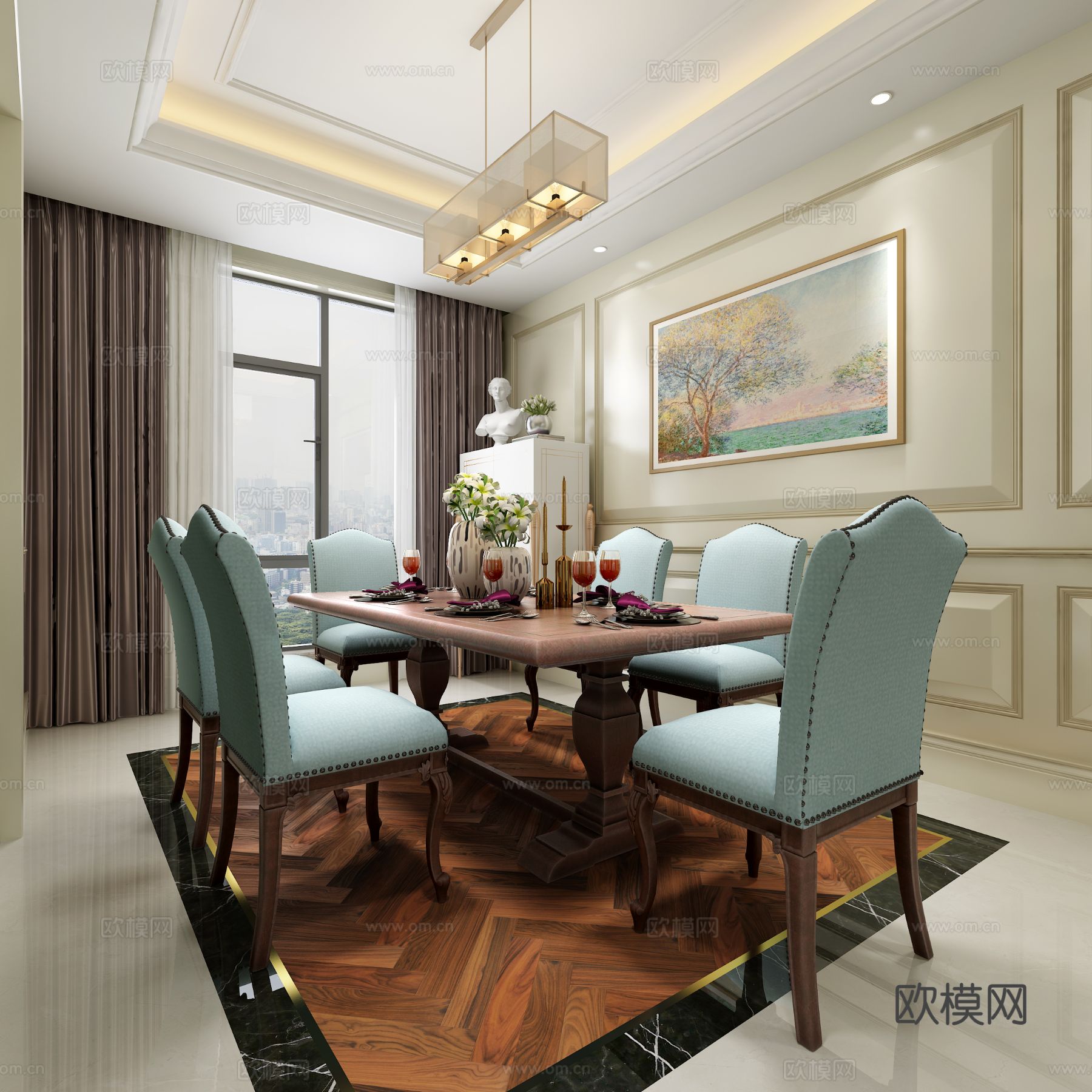现代客餐厅主卧 吊灯 多人沙发  单人沙发 茶几 餐桌椅3d模型