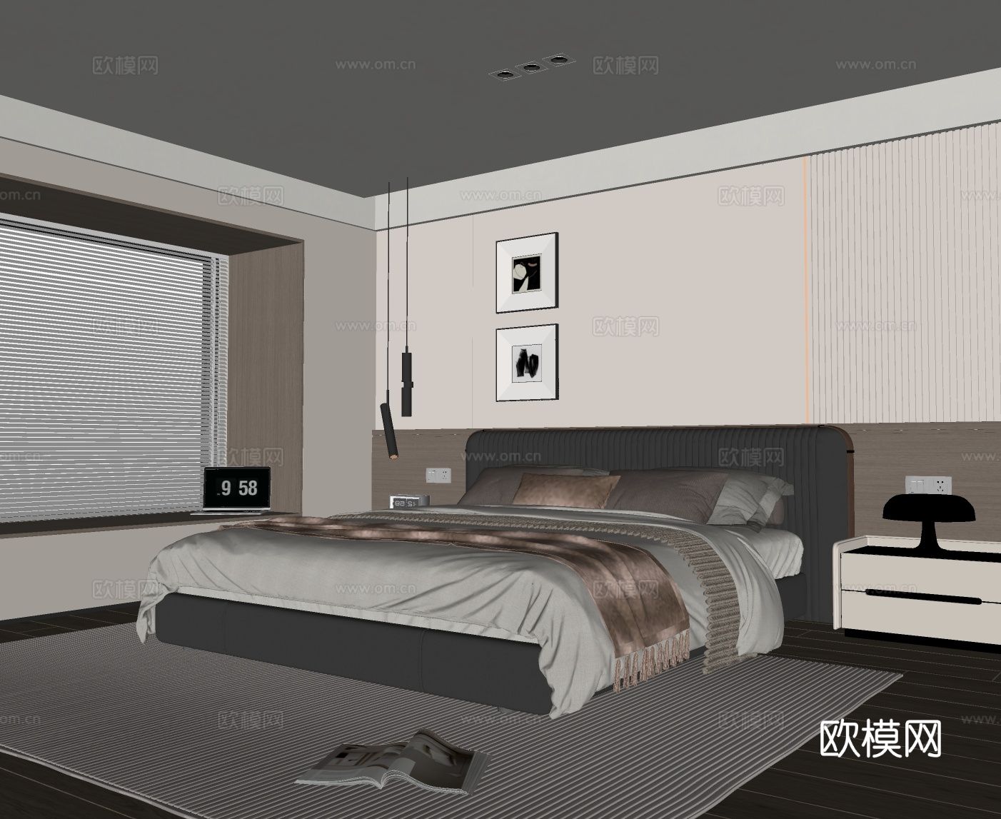 现代简约卧室 双人床  台灯 吊灯 主卧摆件 床头柜su模型