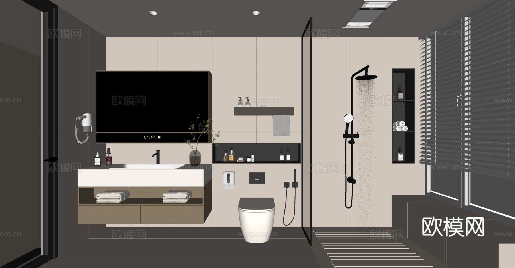 现代奶油风卫生间 浴室柜 卫浴用品 马桶 花洒 卫浴柜su模型