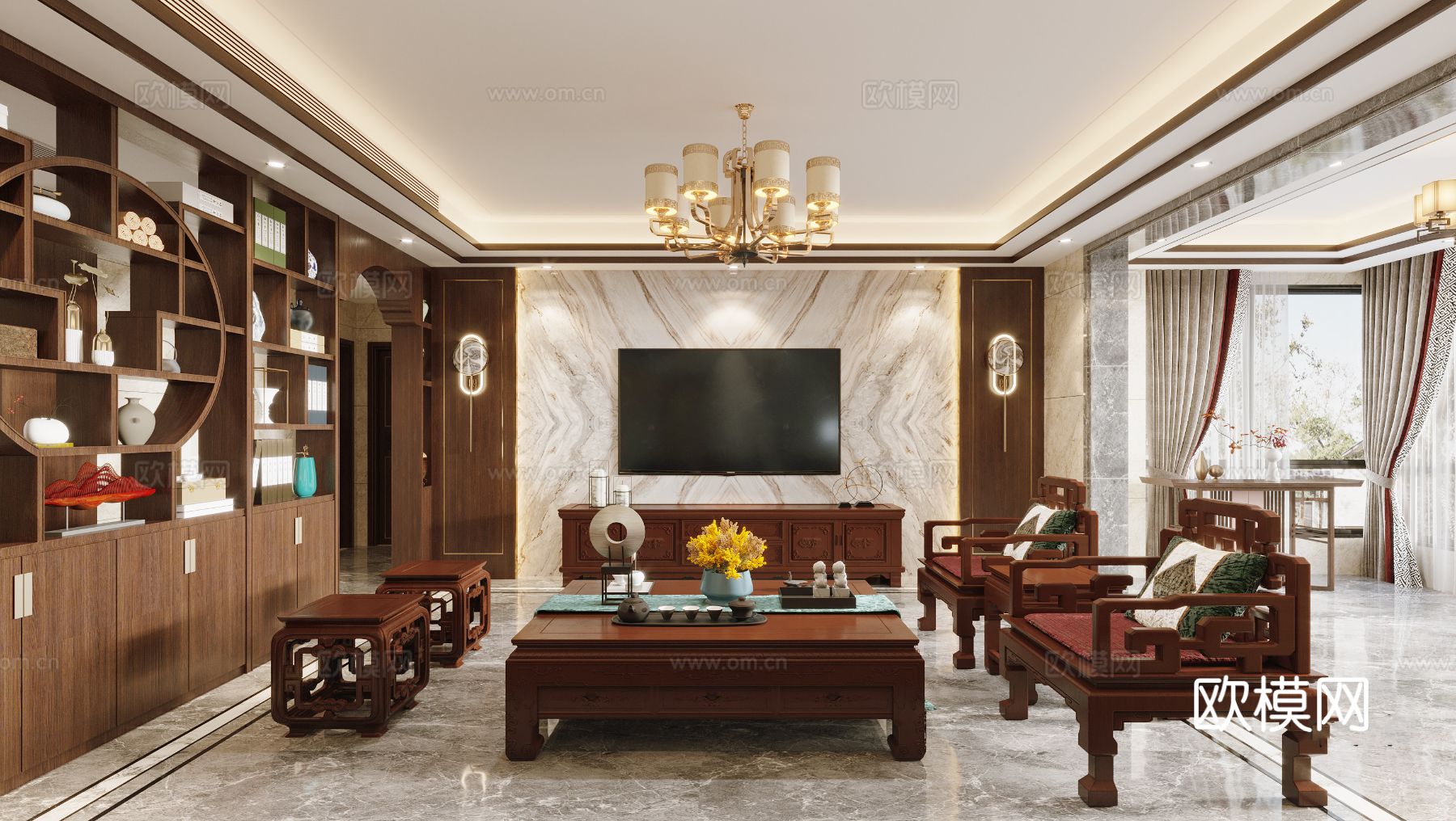 新中式宋代风格 客厅 家装效果图下载（渲染图1）
