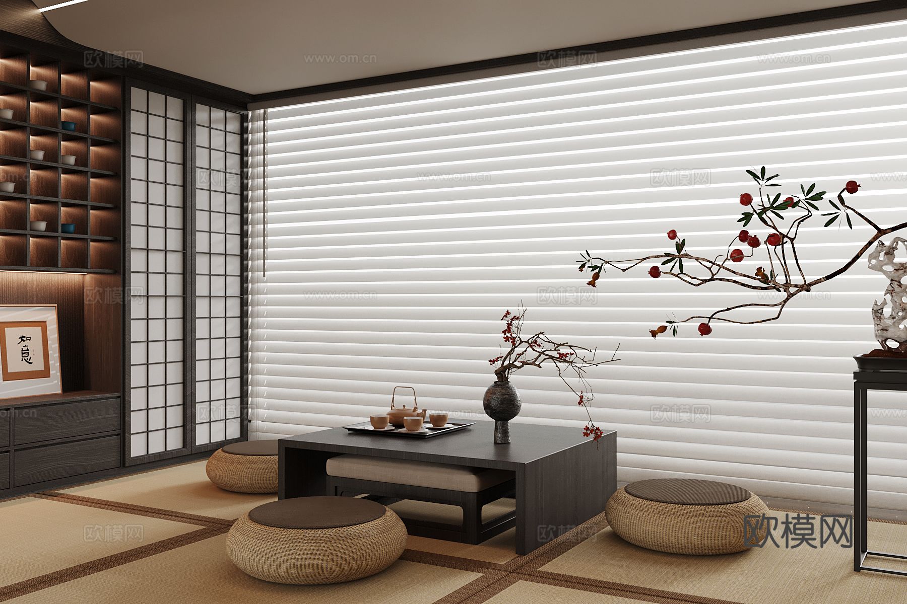 日式茶室 茶桌椅 茶具3d模型
