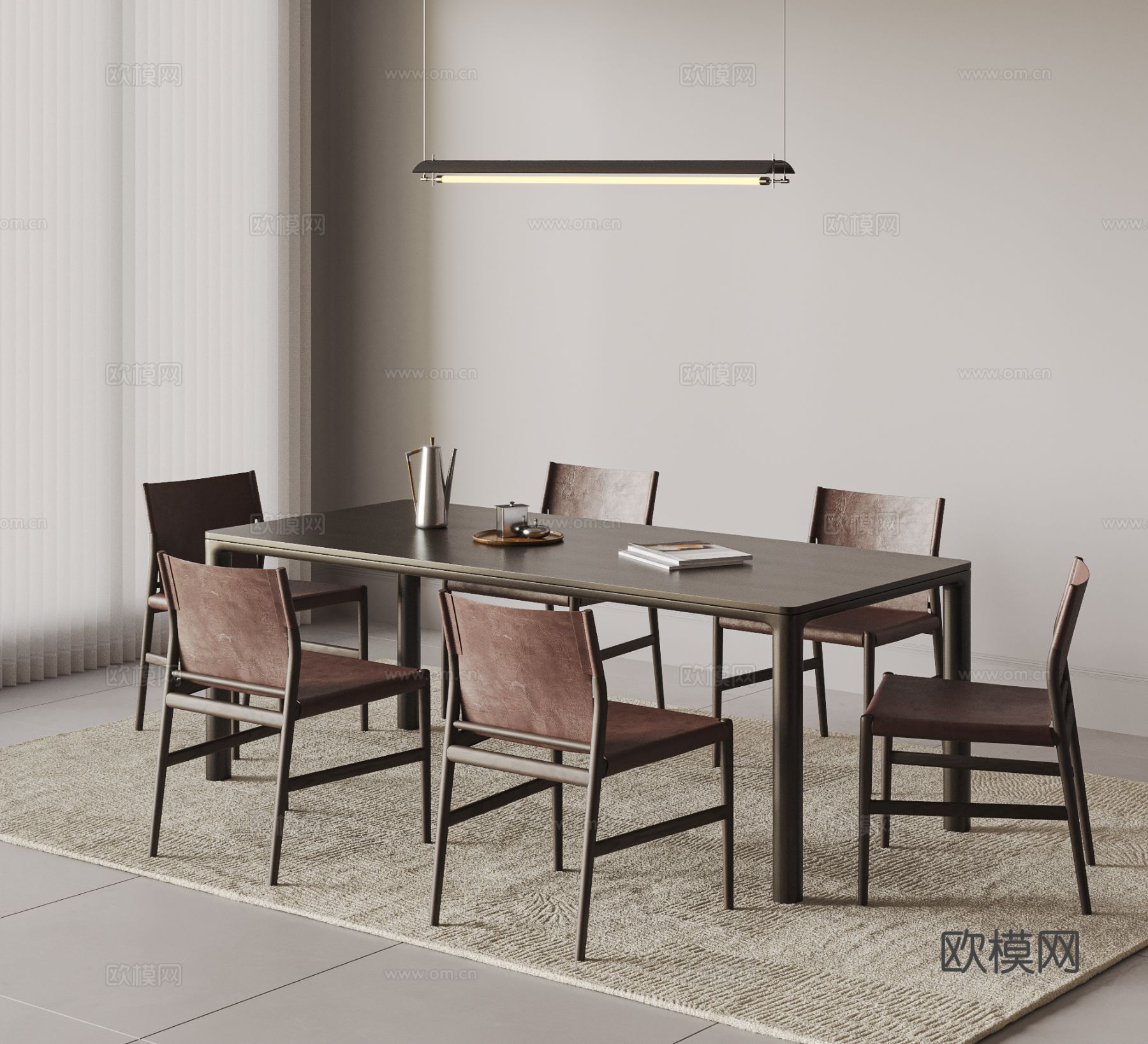 意式 餐桌椅组合 大板桌  皮椅 木椅 吊灯 地毯3d模型