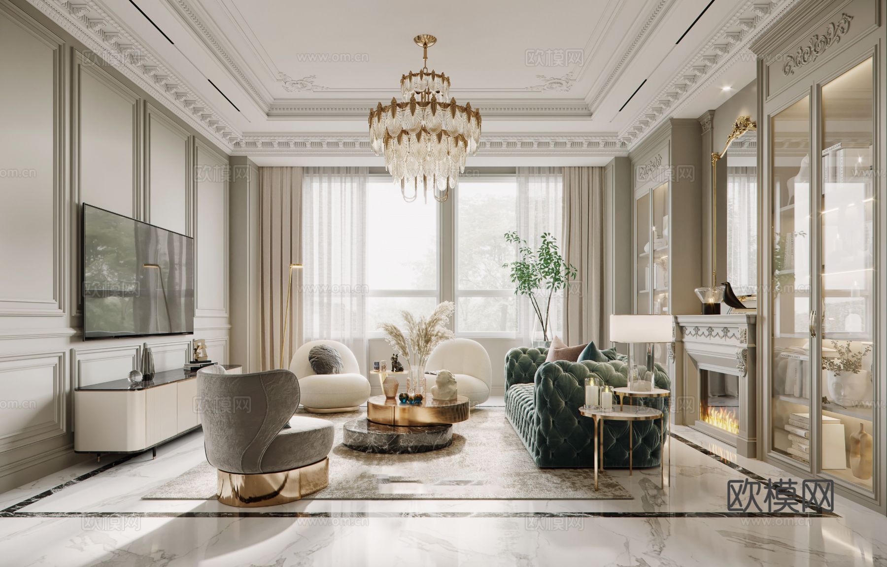 法式别墅卧室客厅家装效果图下载（渲染图1）