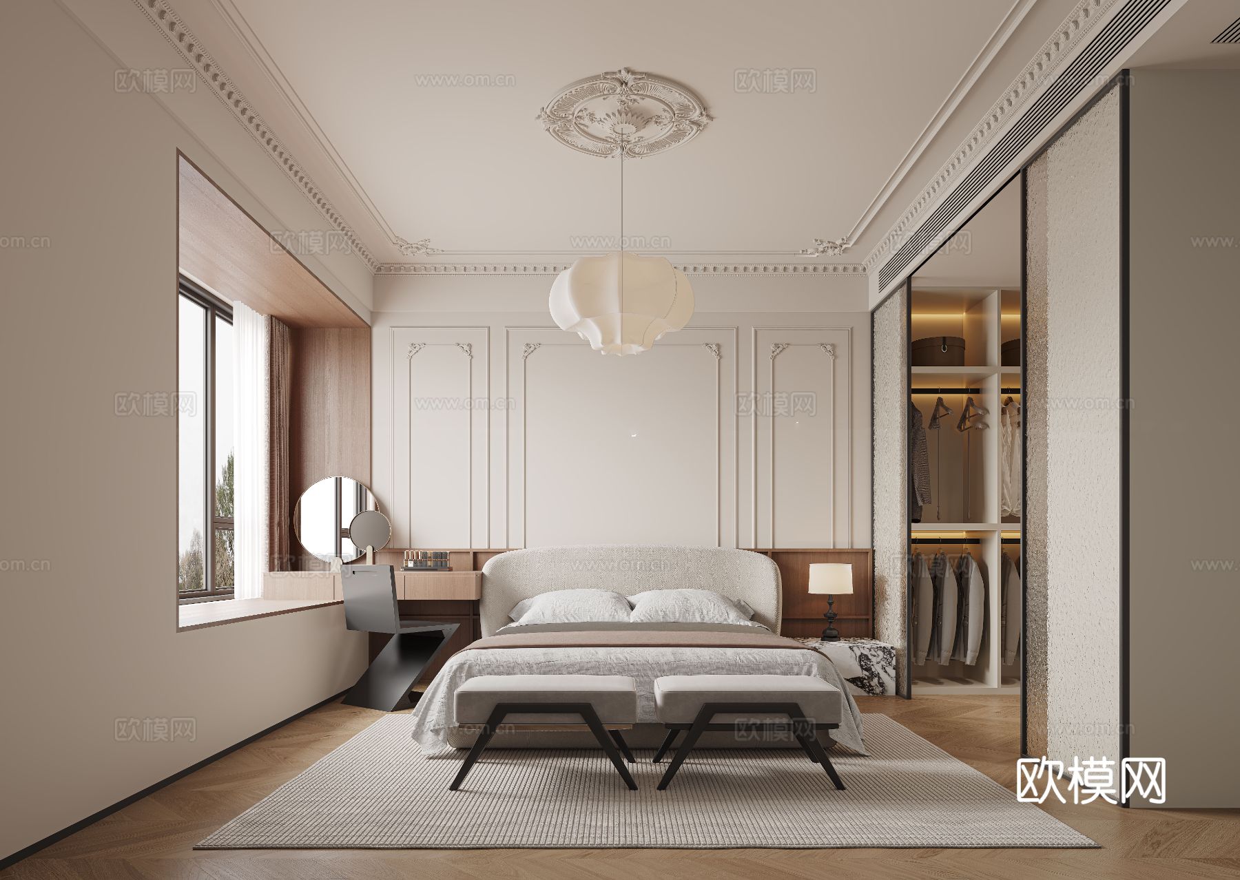 法式家装卧室客厅效果图下载（渲染图6）