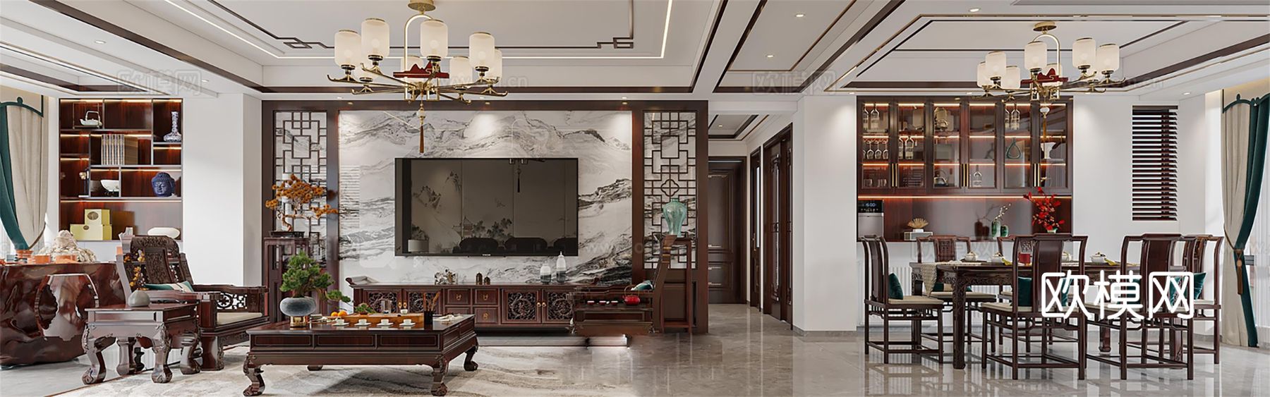 新中式宋代风格 客厅  卧室家装效果图下载（渲染图1）