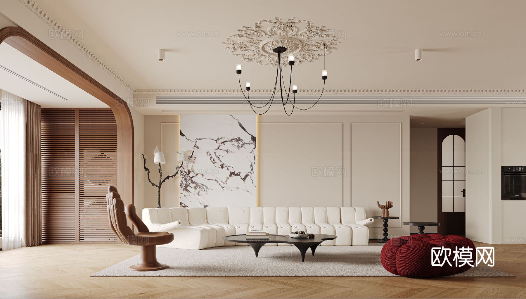 法式家装卧室客厅效果图下载（渲染图1）