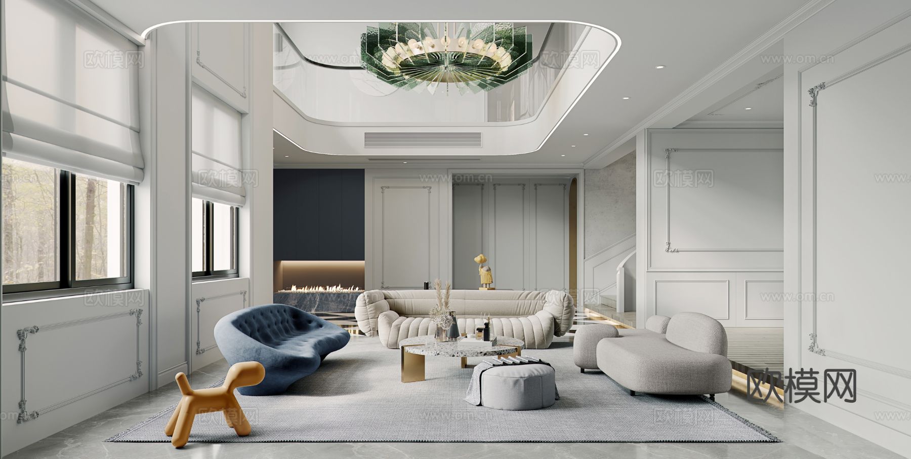 法式复式大平层 卧室 客厅家装效果图下载（渲染图1）