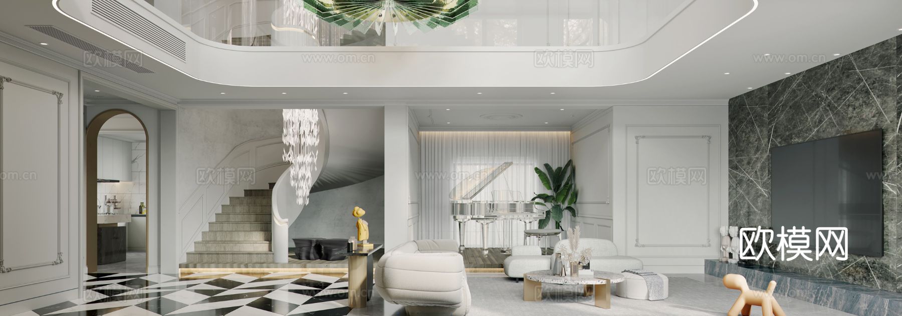 法式复式大平层 卧室 客厅家装效果图下载（渲染图3）