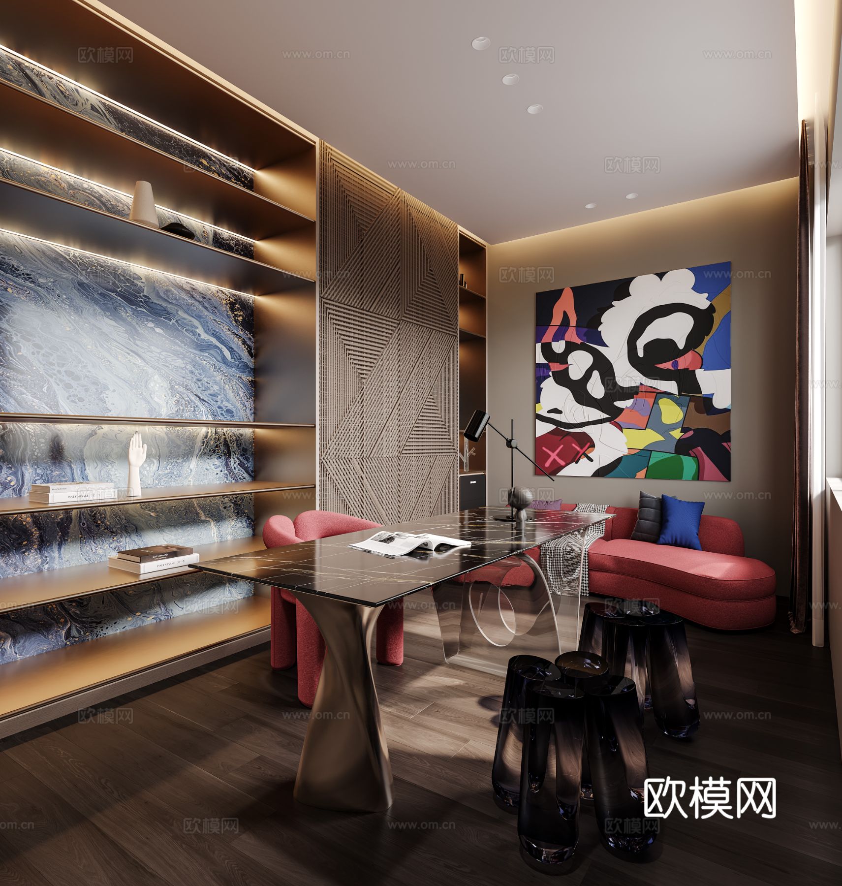 意式现代轻奢卧室 书房 展厅设计效果图下载（渲染图1）