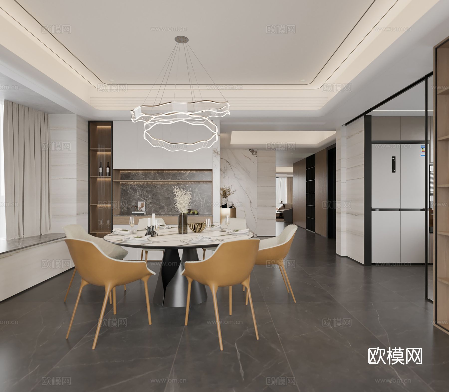 意式现代家装大平层效果图 客厅卧室效果图-免费3dmax模型库-欧模网