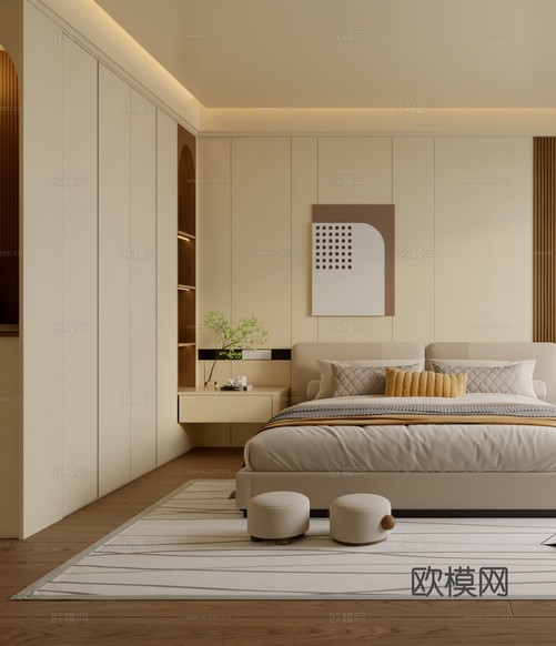 侘寂風(fēng)現(xiàn)代臥室3d模型下載(渲染圖2)