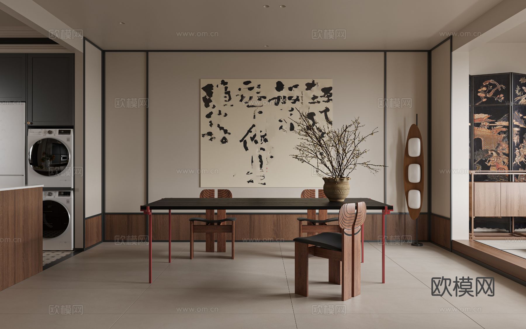 中古风家装效果客厅卧室大平层效果图下载（渲染图1）