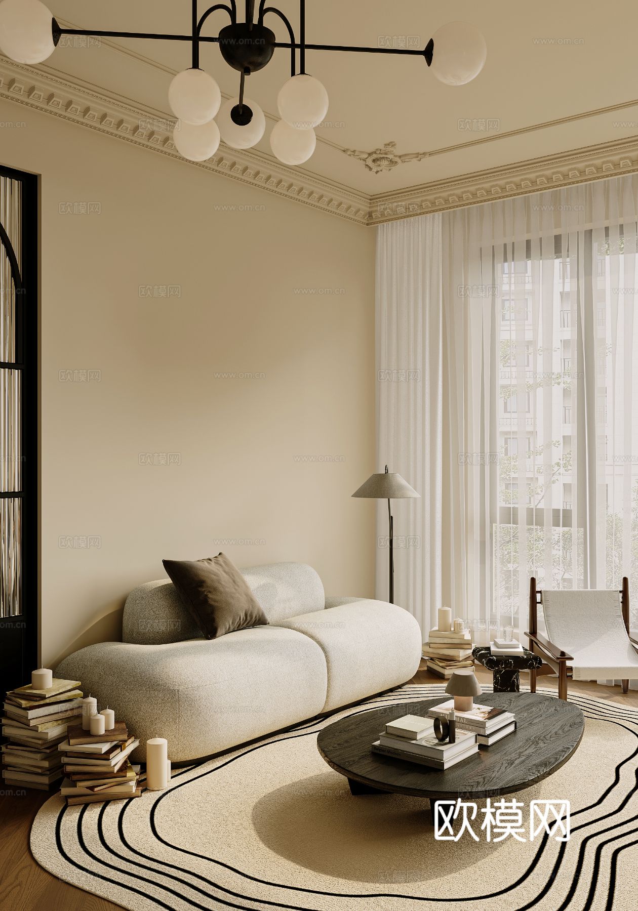 中古风家装效果客厅卧室大平层效果图下载（渲染图8）