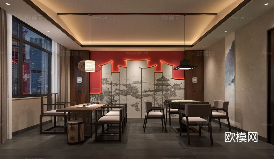 新中式茶室設(shè)計 餐廳效果圖下載(渲染圖1)