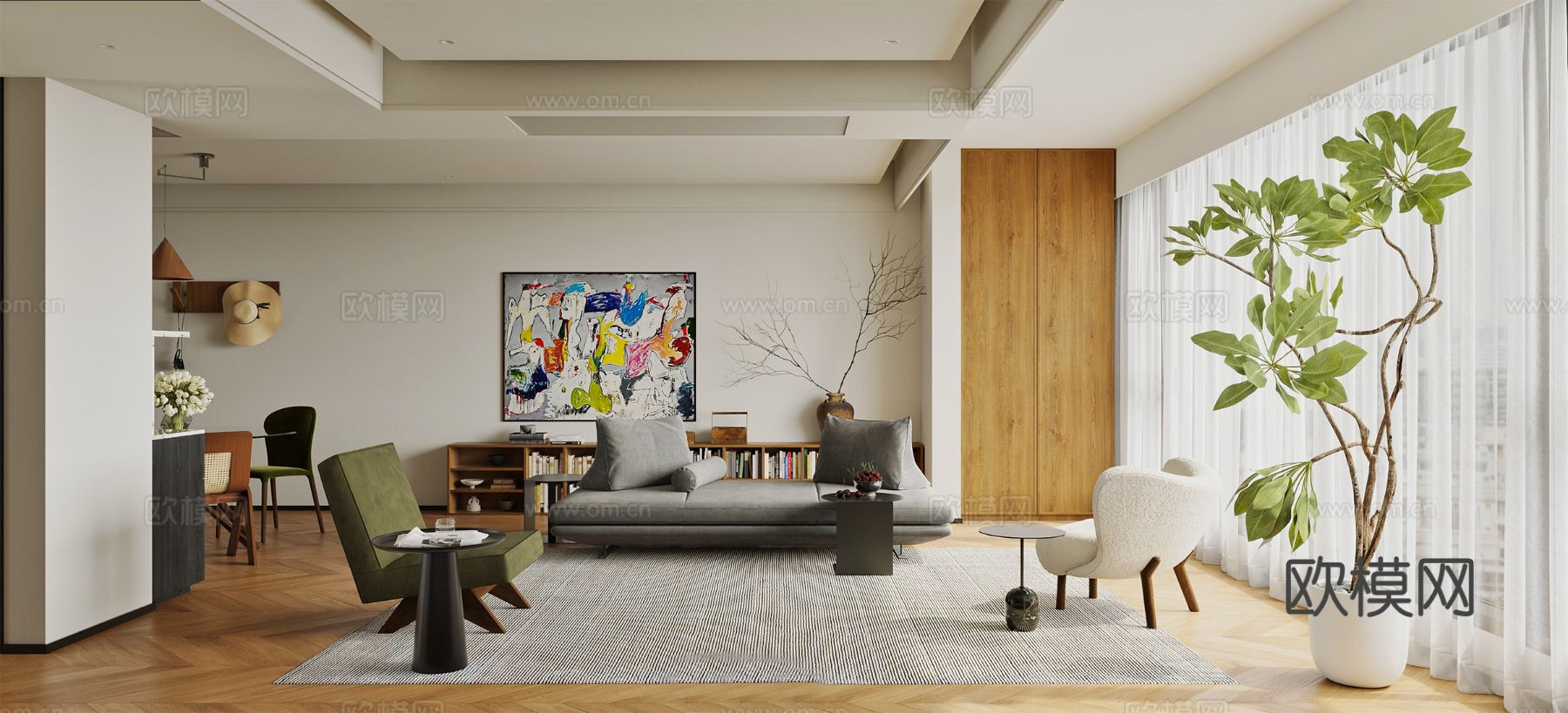 中古风家装效果客厅卧室大平层效果图下载（渲染图6）