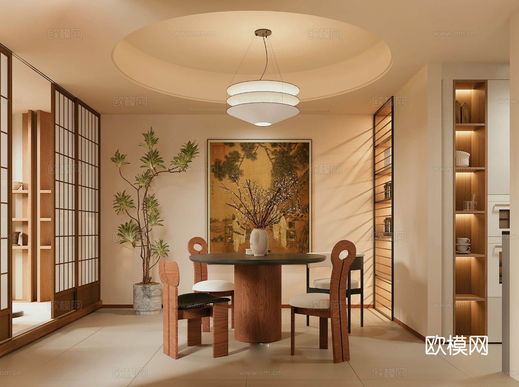 中古风家装效果客厅卧室大平层效果图下载（渲染图6）