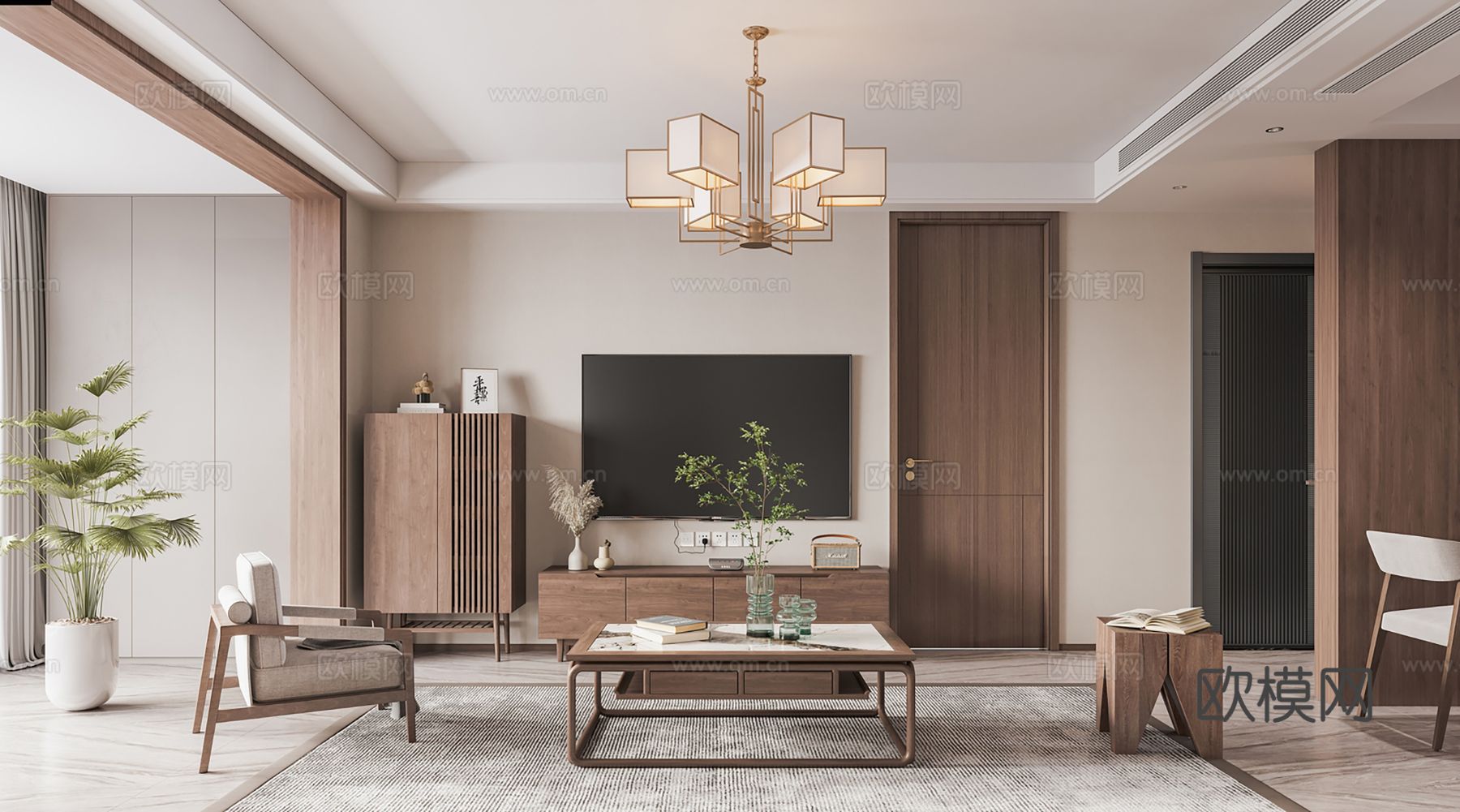 宋式新中式大平层家装风格效果图下载（渲染图4）