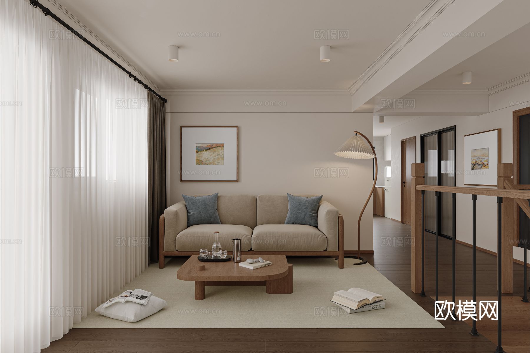 中古风家装效果客厅卧室大平层效果图下载（渲染图6）