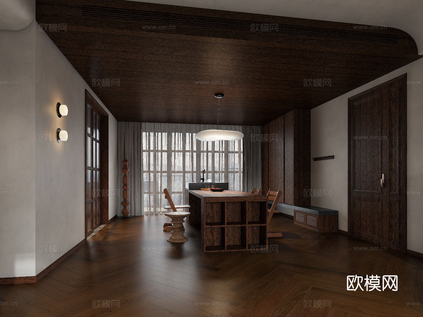 中古风家装效果客厅卧室大平层效果图下载（渲染图2）