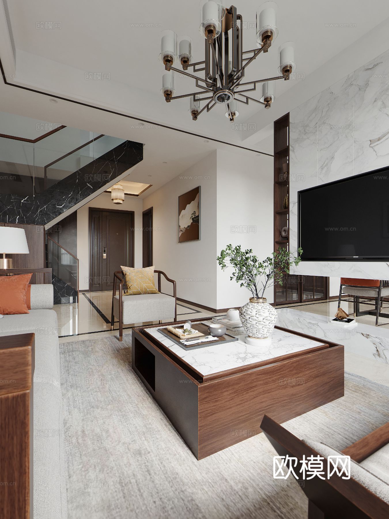 宋式新中式复式家装风格效果图下载（渲染图6）