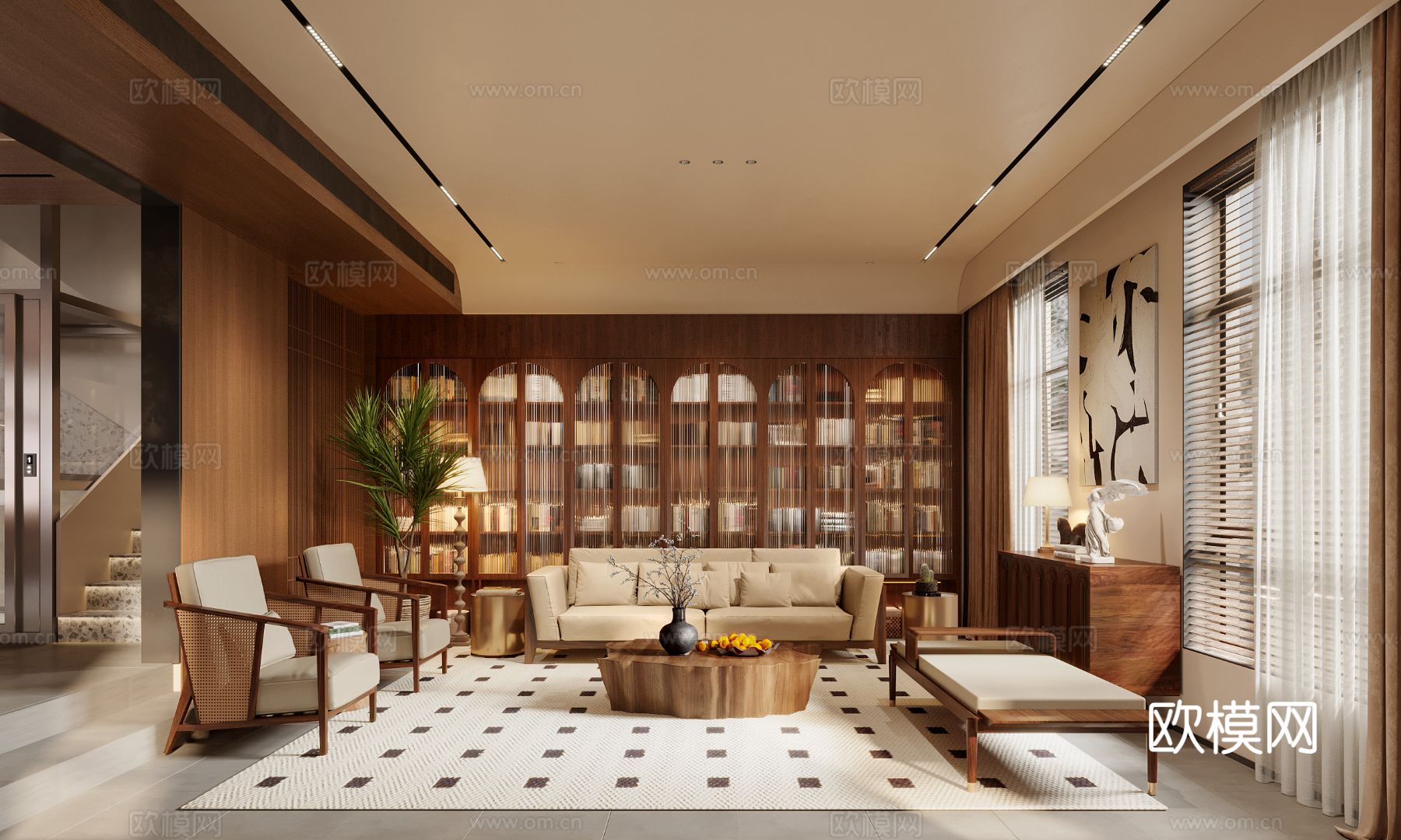 中古风家装效果客厅卧室大平层效果图下载（渲染图1）