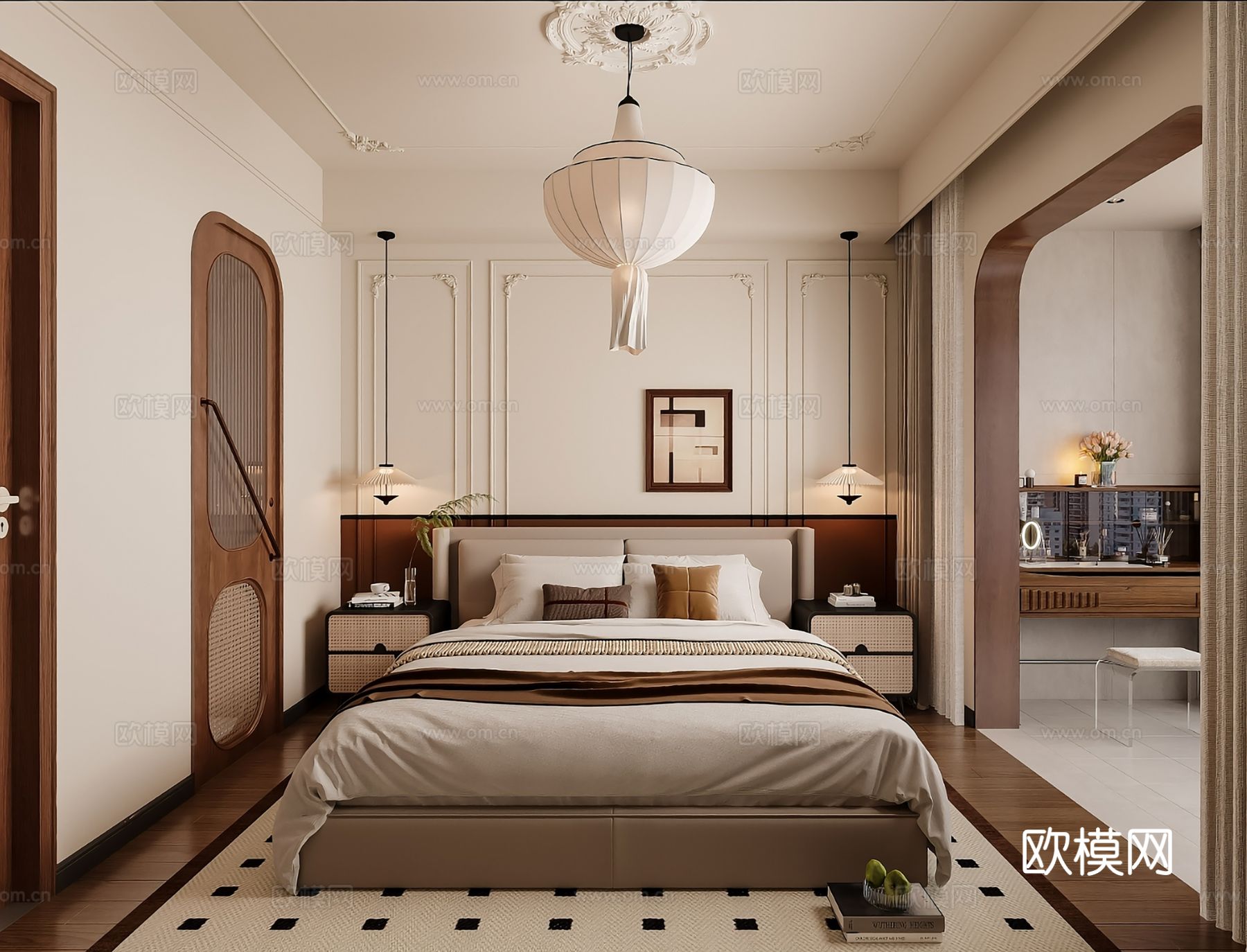 中古风家装效果客厅卧室大平层效果图下载（渲染图4）