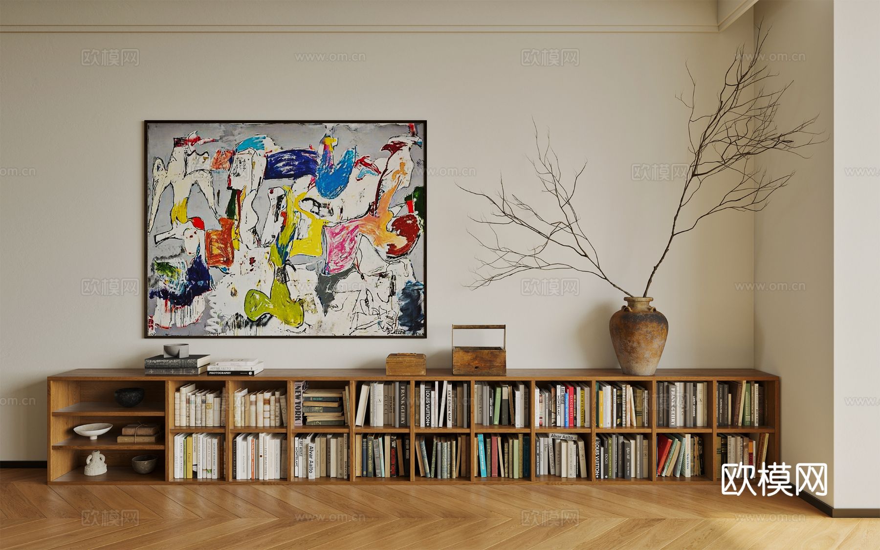 中古风家装效果客厅卧室大平层效果图下载（渲染图4）