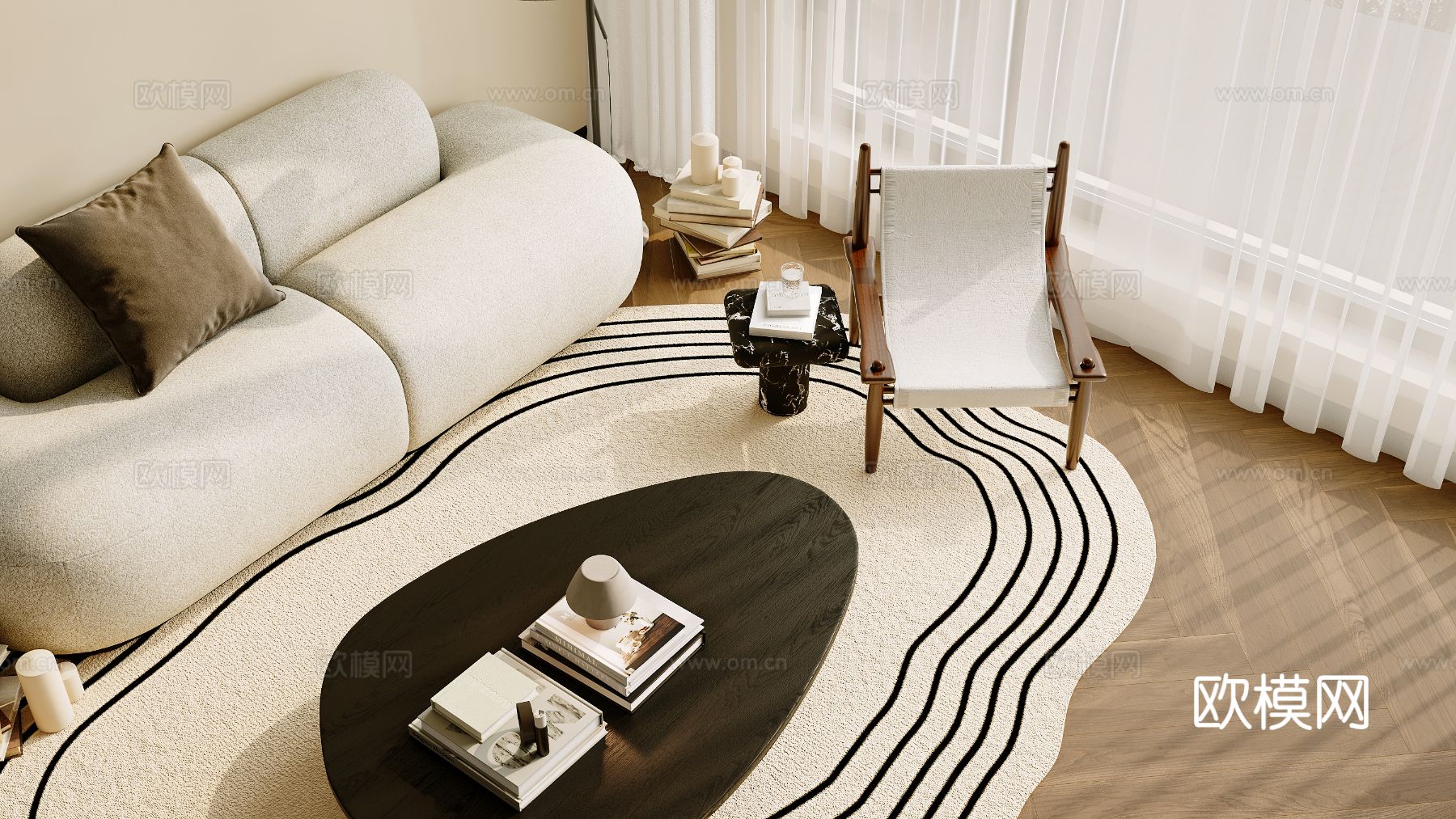 中古风家装效果客厅卧室大平层效果图下载（渲染图9）