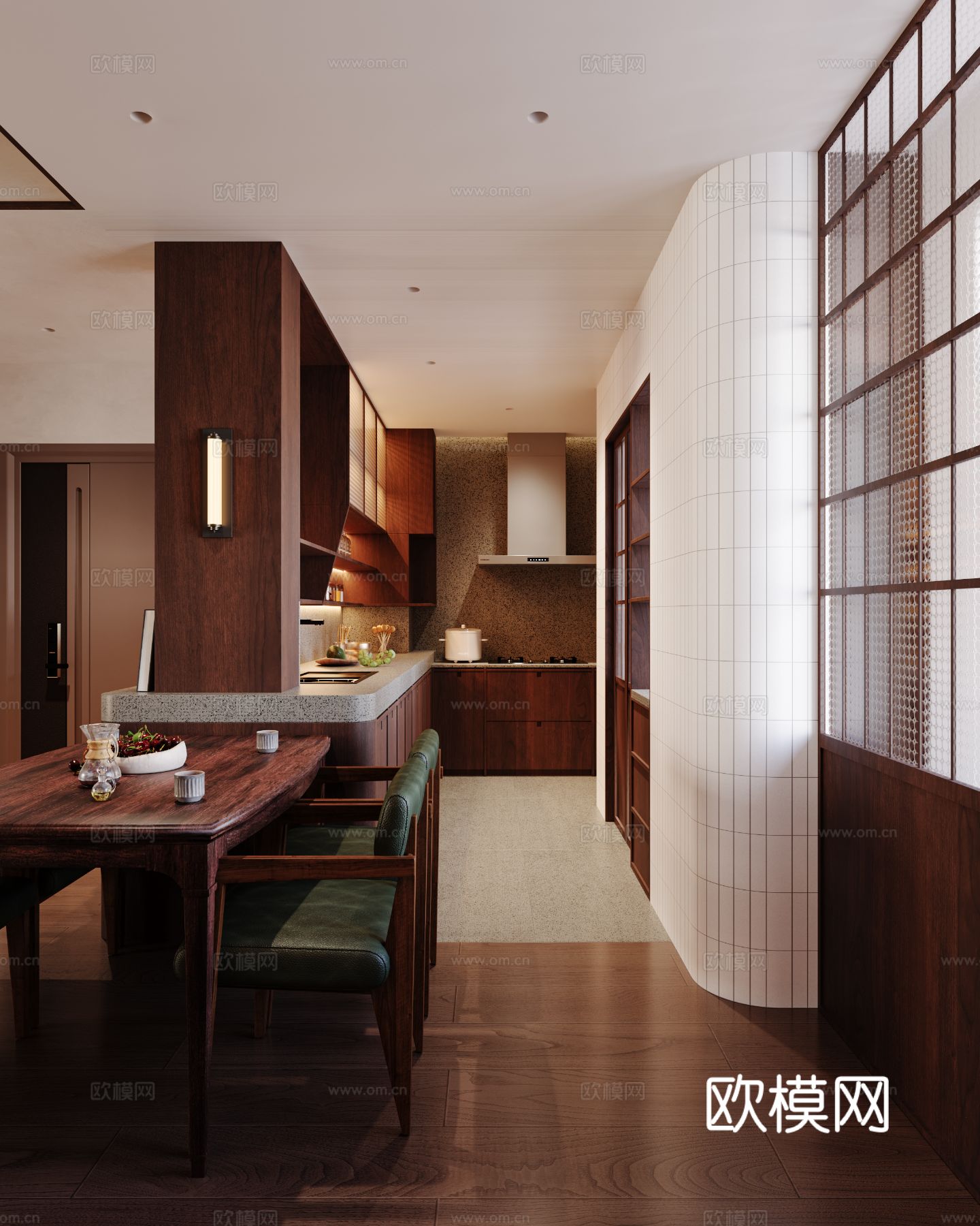 中古风家装效果客厅卧室大平层效果图下载（渲染图5）