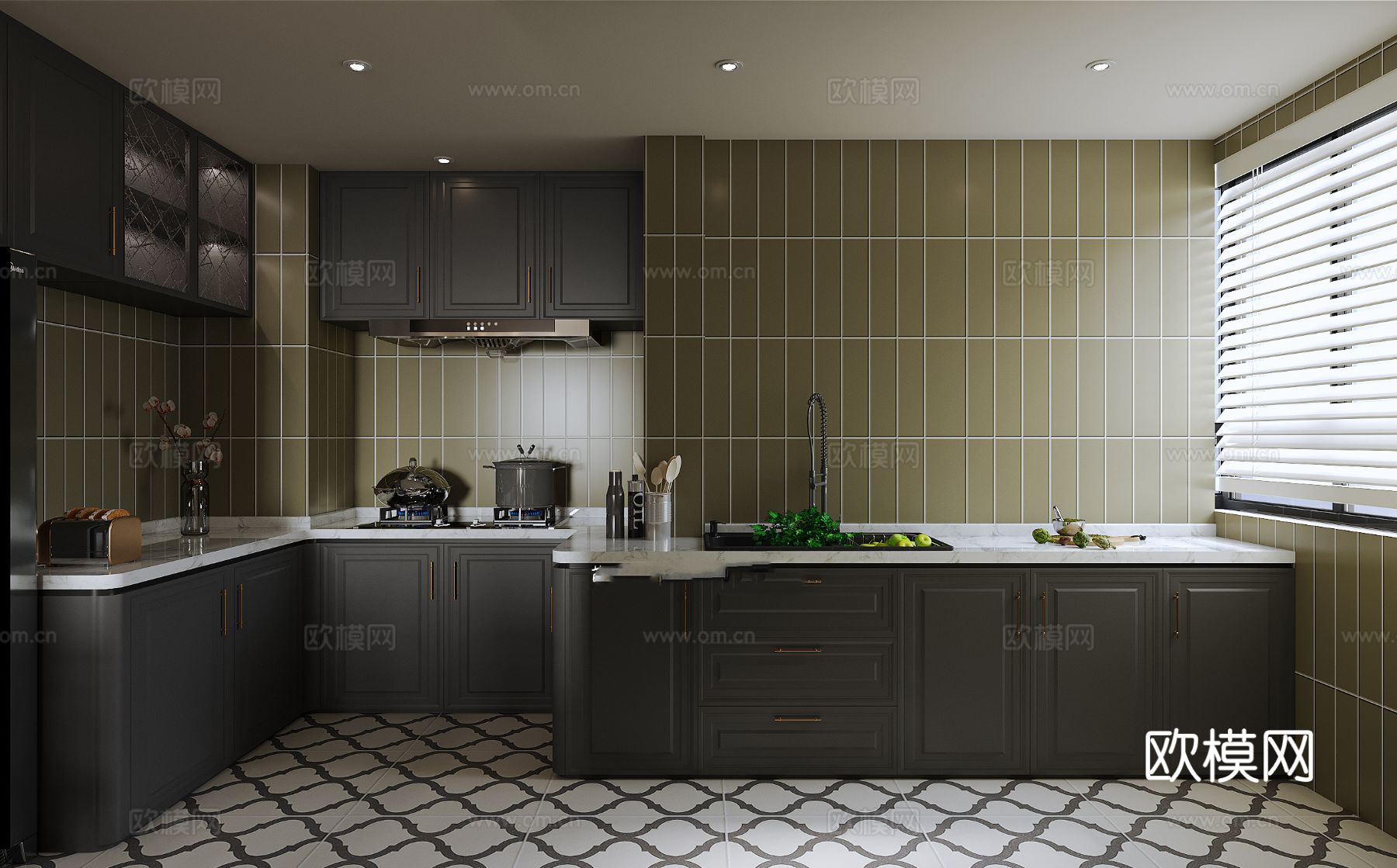 中古风家装效果客厅卧室大平层效果图下载（渲染图6）